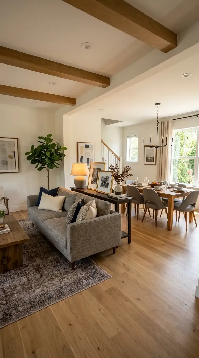 Open concept small living room using a long console table as a room divider with books and plants.
