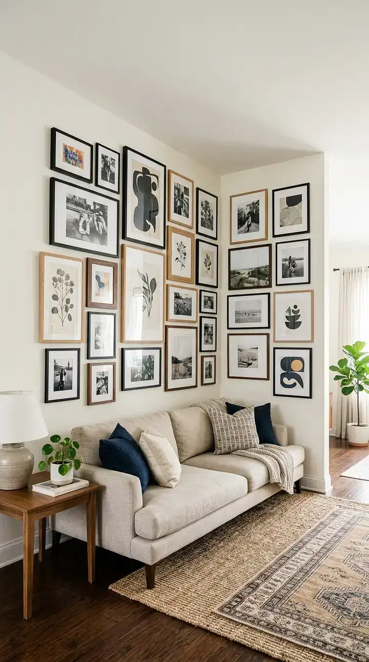 Small living room with corner gallery wall above a sofa, featuring mixed frames and warm lighting.