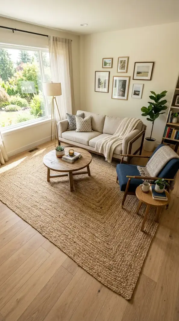 Small living room with large jute area rug, beige furniture, and bright natural light from a large window.