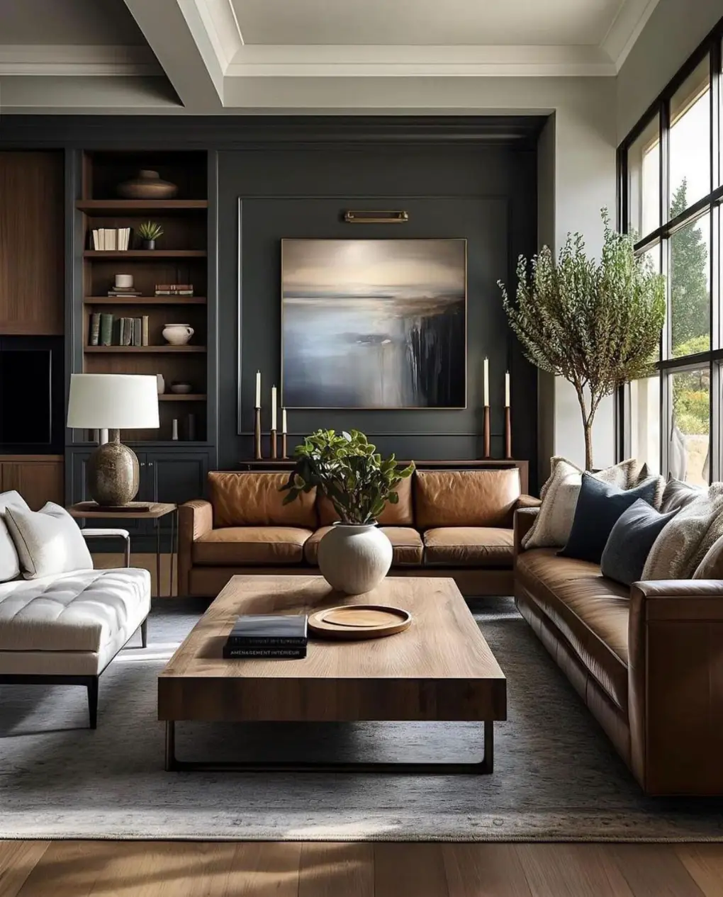 Small living room with moody dark wall, camel leather sofas, and warm lighting in a cozy, intimate setting.