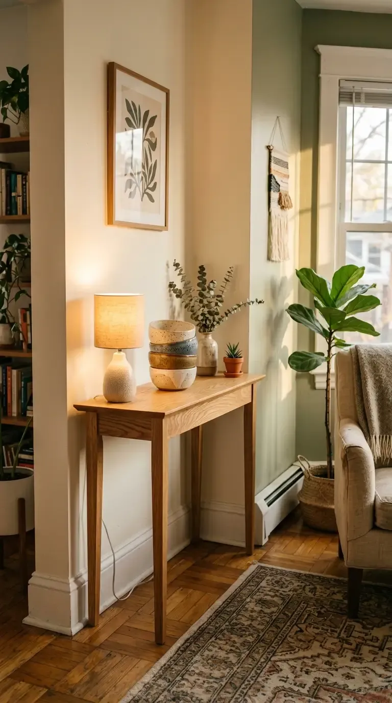 Corner of small living room with slim oak console table, ceramic vases, and dried pampas grass accents.
