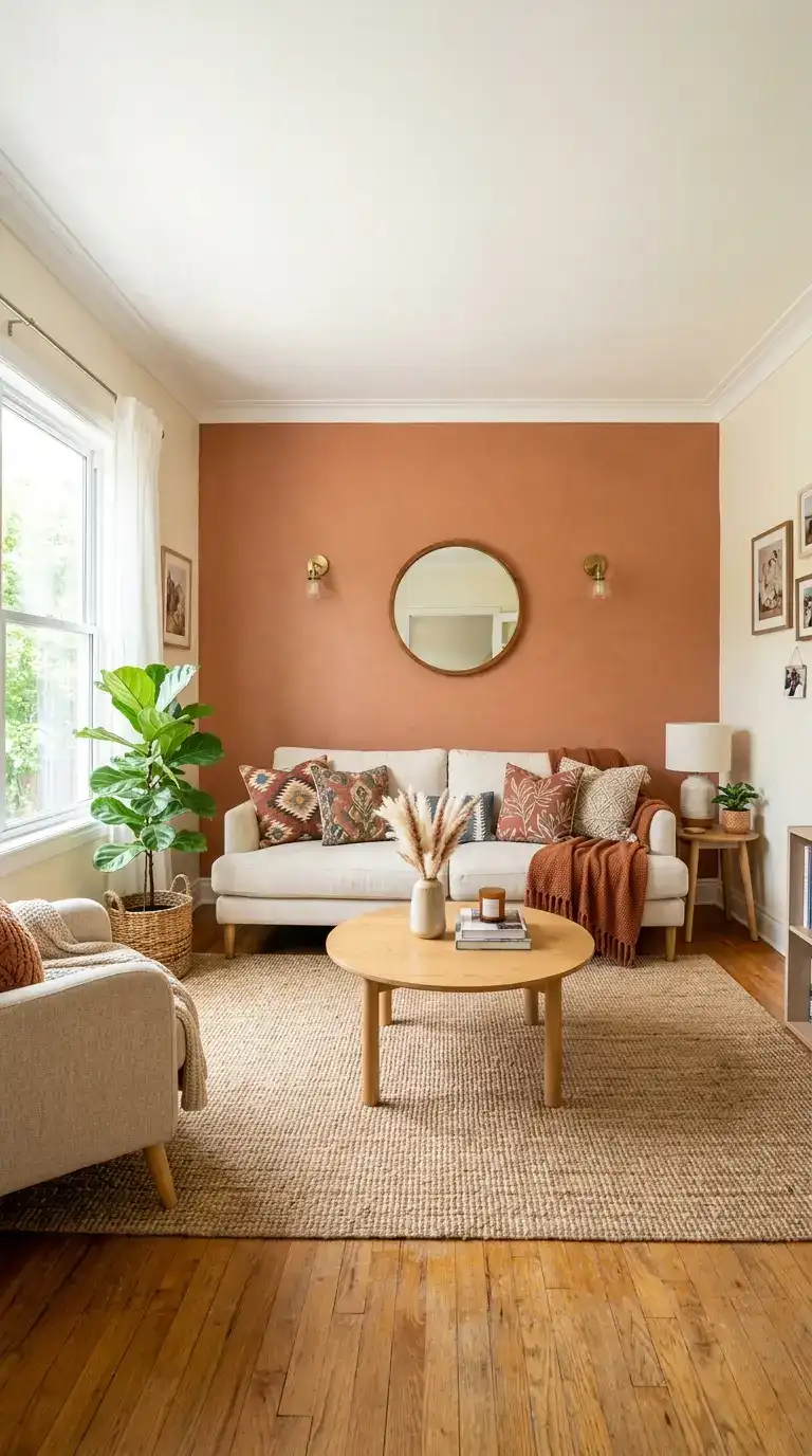 Small living room with terracotta painted accent wall, round gold mirror, and white armchair in warm lighting.