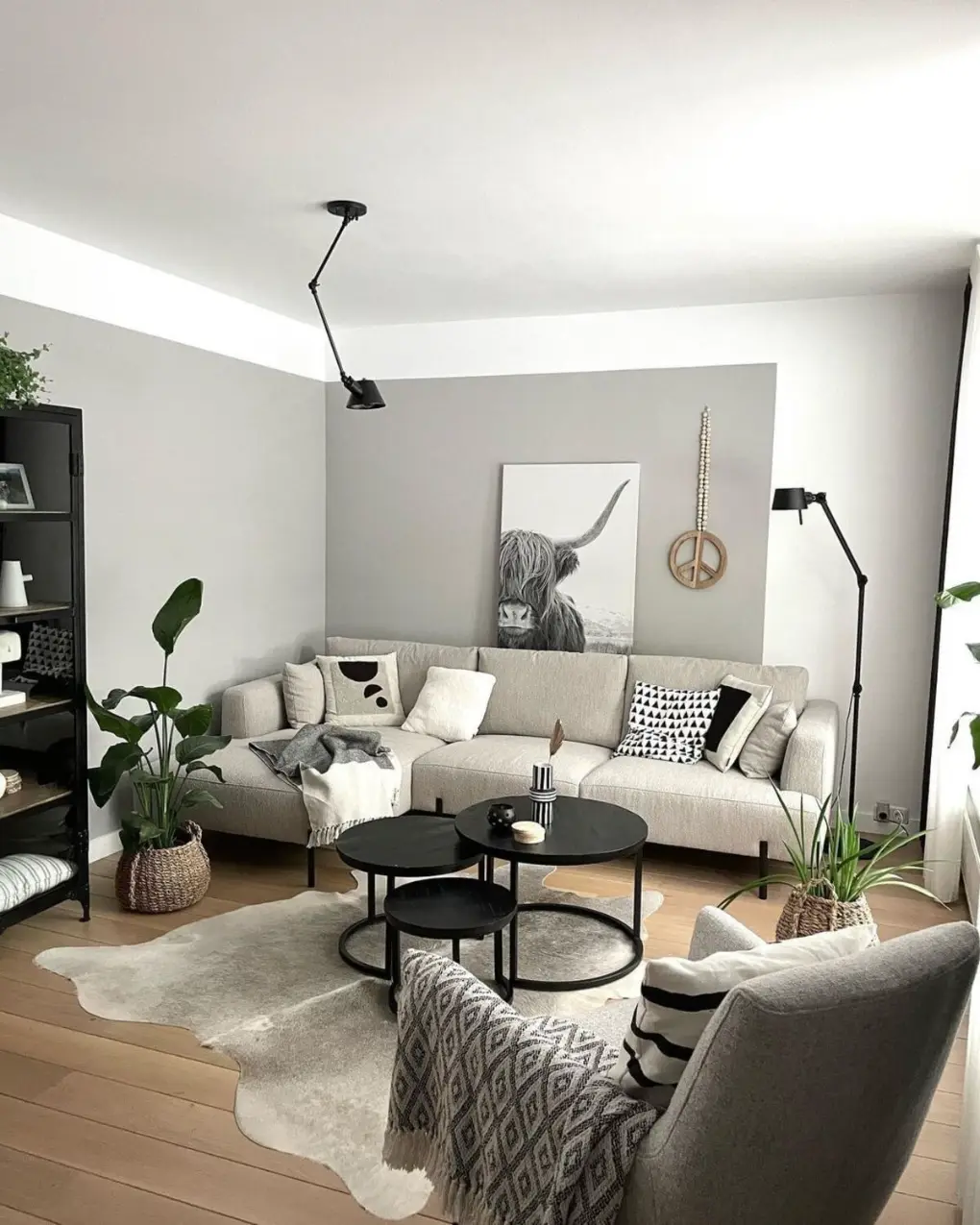 Small living room with two-tone grey wall, cowhide rug, and modern furniture in bright lighting.