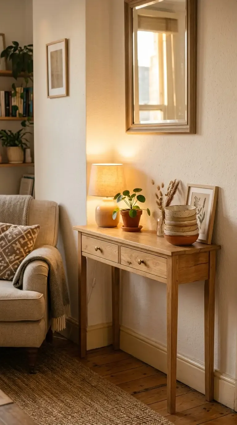 Small entryway leading to living room with wooden console table, drawers, keys bowl, and warm sconce lighting.