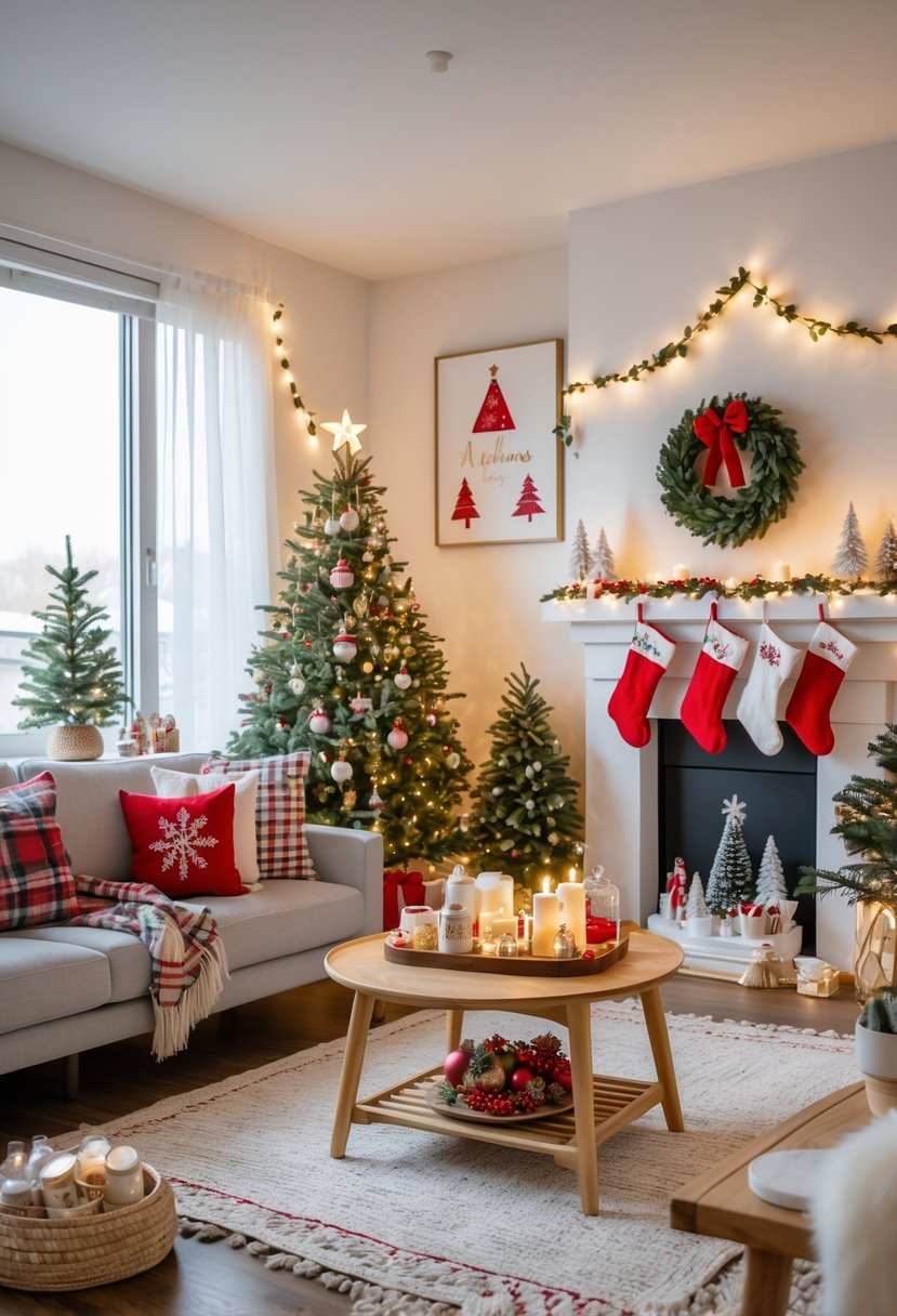 A tiny fir tree placed in a corner nook, surrounded by a plush white rug, a stack of holiday books, and a scented candle.