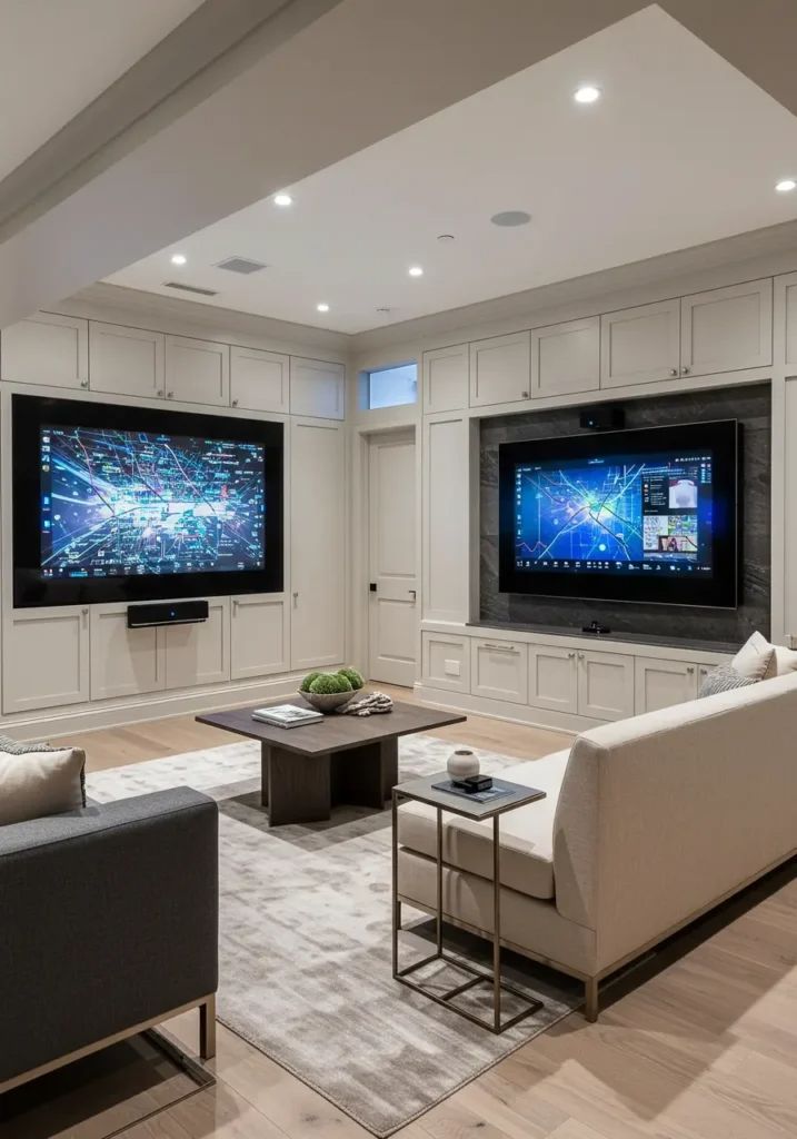 Tech-savvy basement room with dual displays and smart home controls