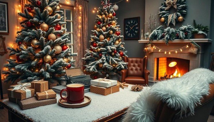 A desk with a layer of artificial snow dusted over a small tree and books.