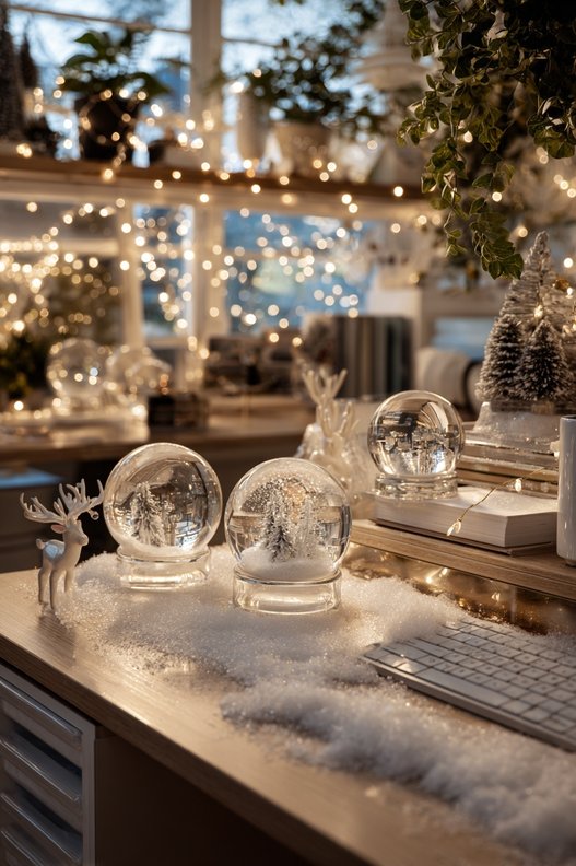A collection of various sized snow globes on a glass shelf.