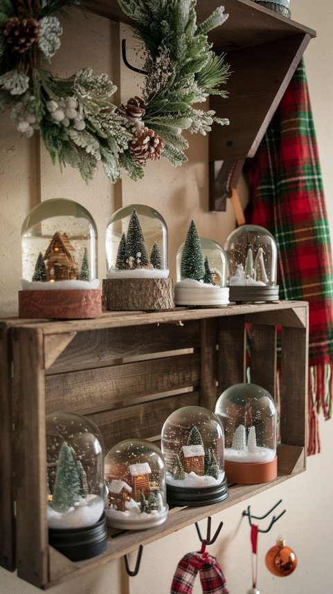 Wall shelf with a wooden crate and snow globe in a rustic holiday arrangement.