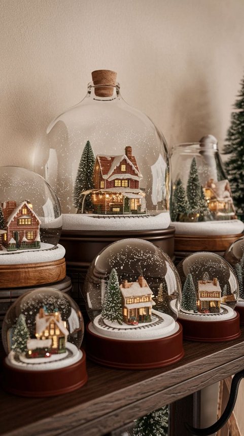 Row of snow globes creating a village scene on a shelf with soft background lighting.