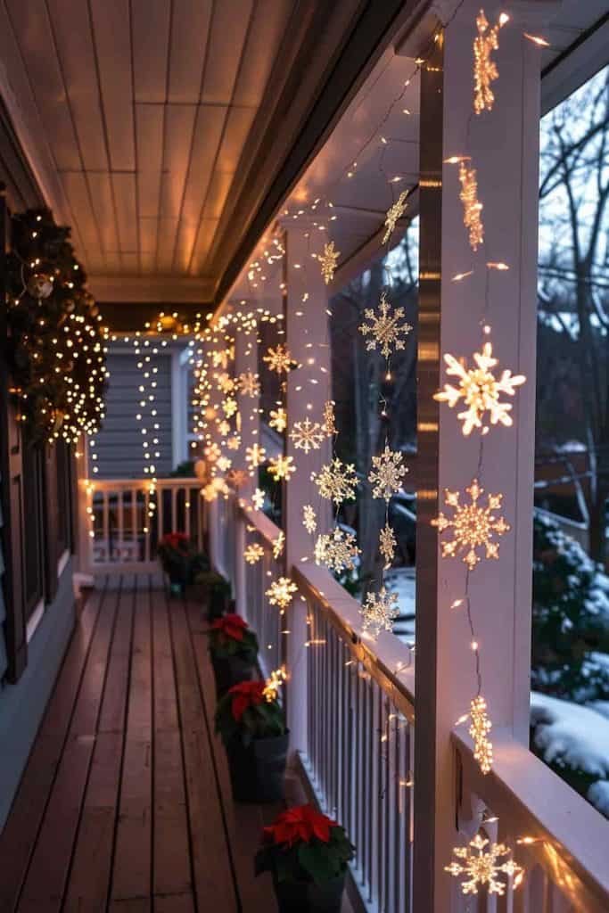 Front porch columns wrapped with snowflake-shaped string lights, cool white illumination