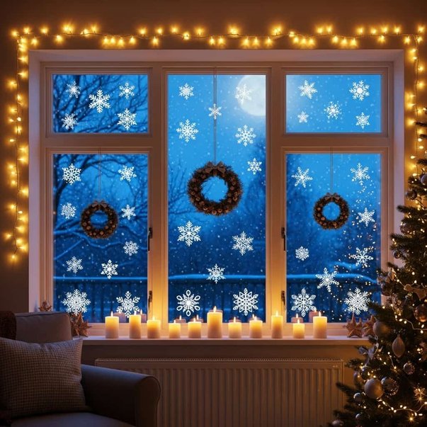 Window alcove decorated with delicate snowflake decals, frosted glass votives, and warm ambient candlelight.
