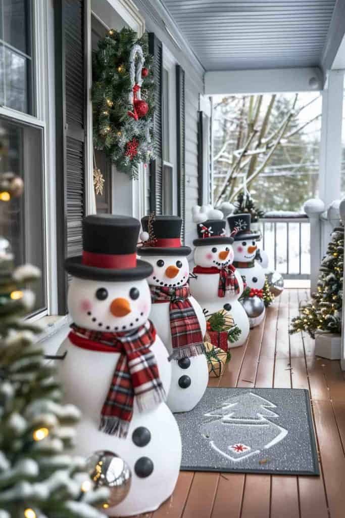 Front porch with snowman figurines wearing top hats, faux snow, wooden steps, soft lighting