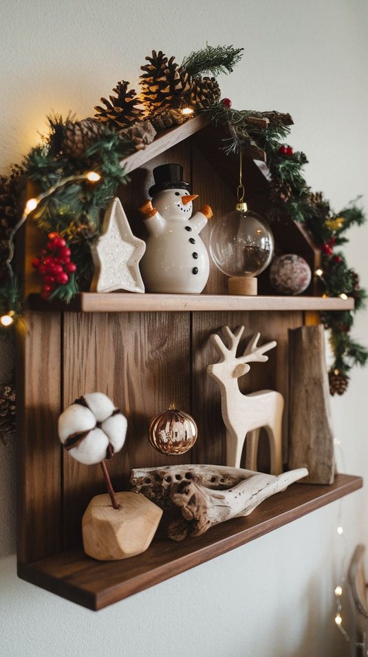 Rustic wooden shelf with ceramic snowmen and reindeer figurines arranged in a playful group.