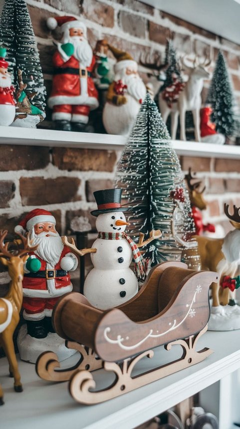 Shelf with a snowman pulling a sleigh figurine in a whimsical holiday scene.