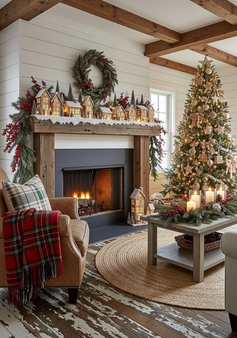 Mantel with a miniature snowy village scene, including houses, trees, and lights.