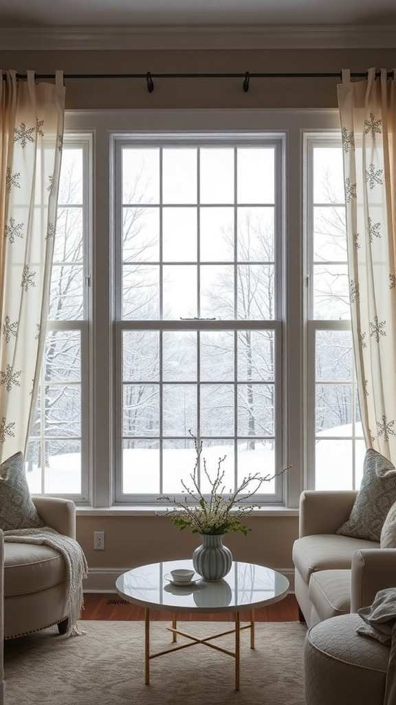 Bedroom window with fake snow, white curtains, and soft natural light from outside.