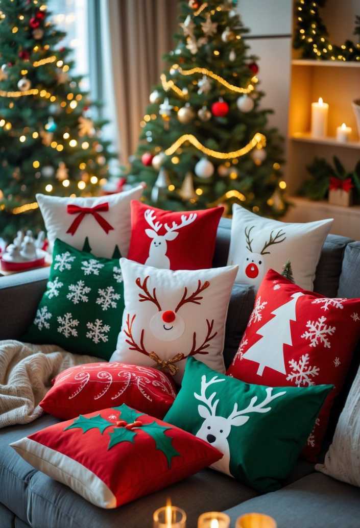 Neutral gray sofa adorned with a mix of red, gold, and plaid holiday throw pillows, plus a soft faux‑fur blanket.