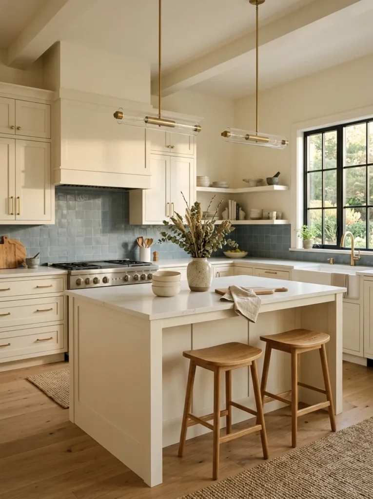 Kitchen with pale blue subway tiles, cream cabinets, brushed nickel faucet, natural light, white quartz countertop.