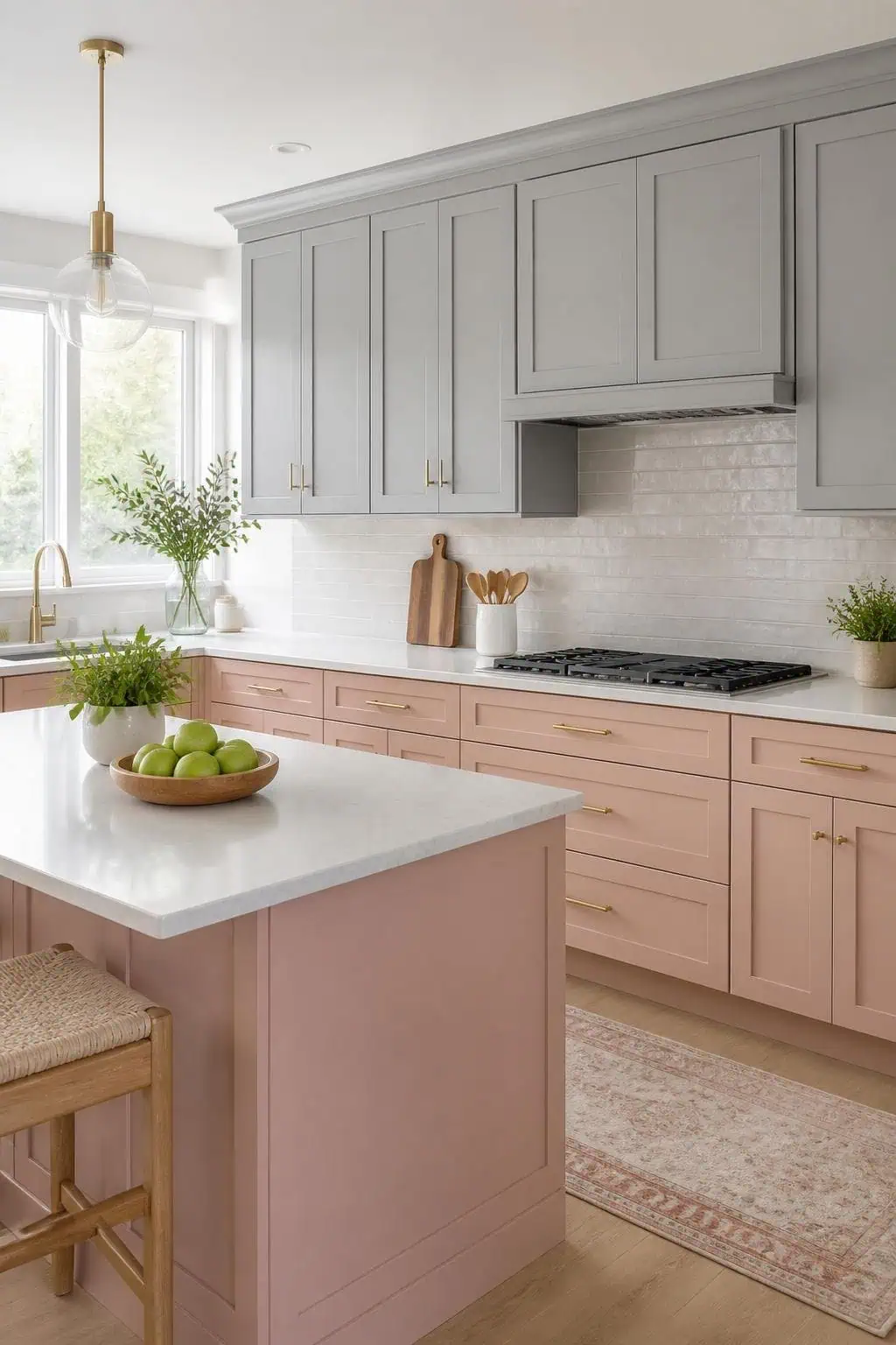 Kitchen interior, soft blush lower cabinets, dove gray upper cabinets, glass backsplash, soft lighting