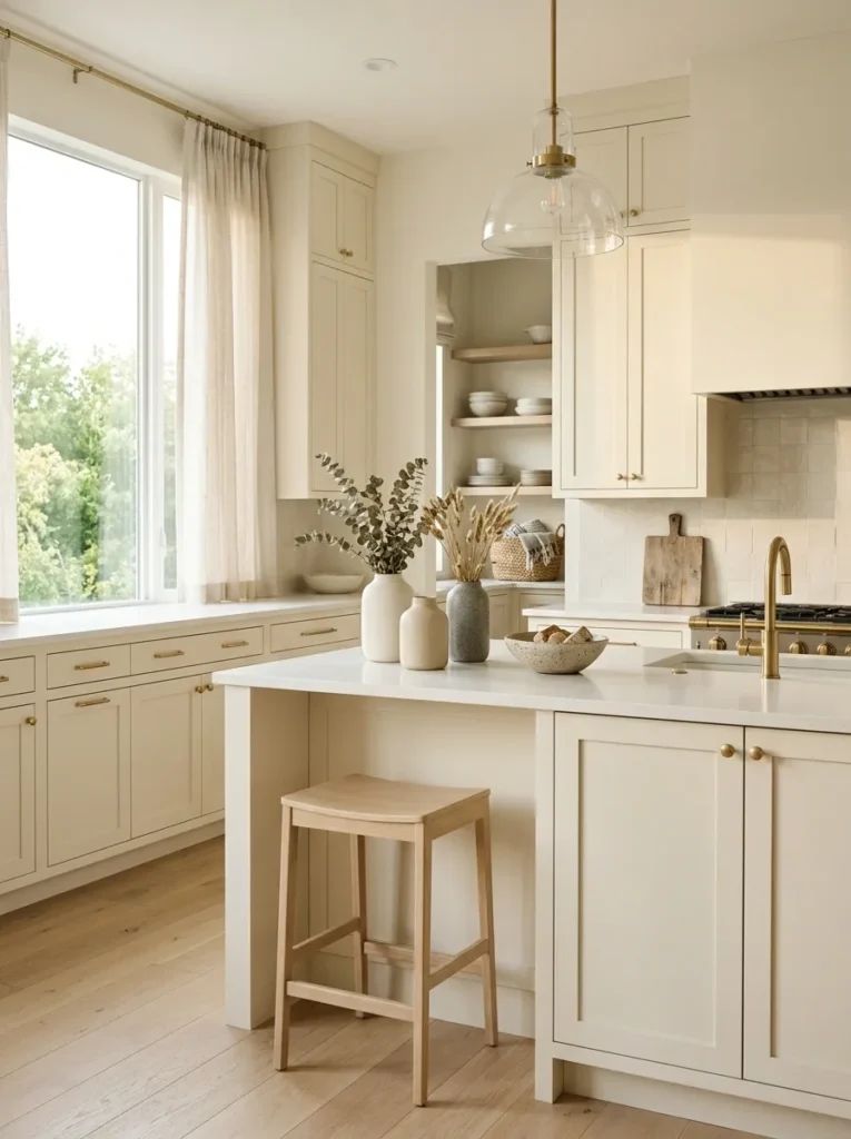 Kitchen featuring cream cabinetry, linen‑textured bar stools, marble countertop, soft white pendant lighting.