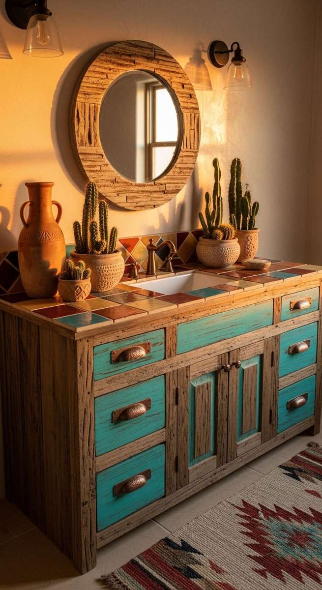 Southwestern bathroom with hand-painted turquoise Talavera sink, raw wood vanity, and warm glowing wall sconces.