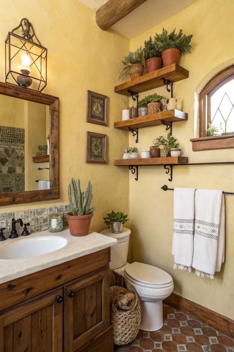 Southwestern shower alcove featuring curved adobe walls, matte black fixtures, zellige tile, and recessed warm lighting.