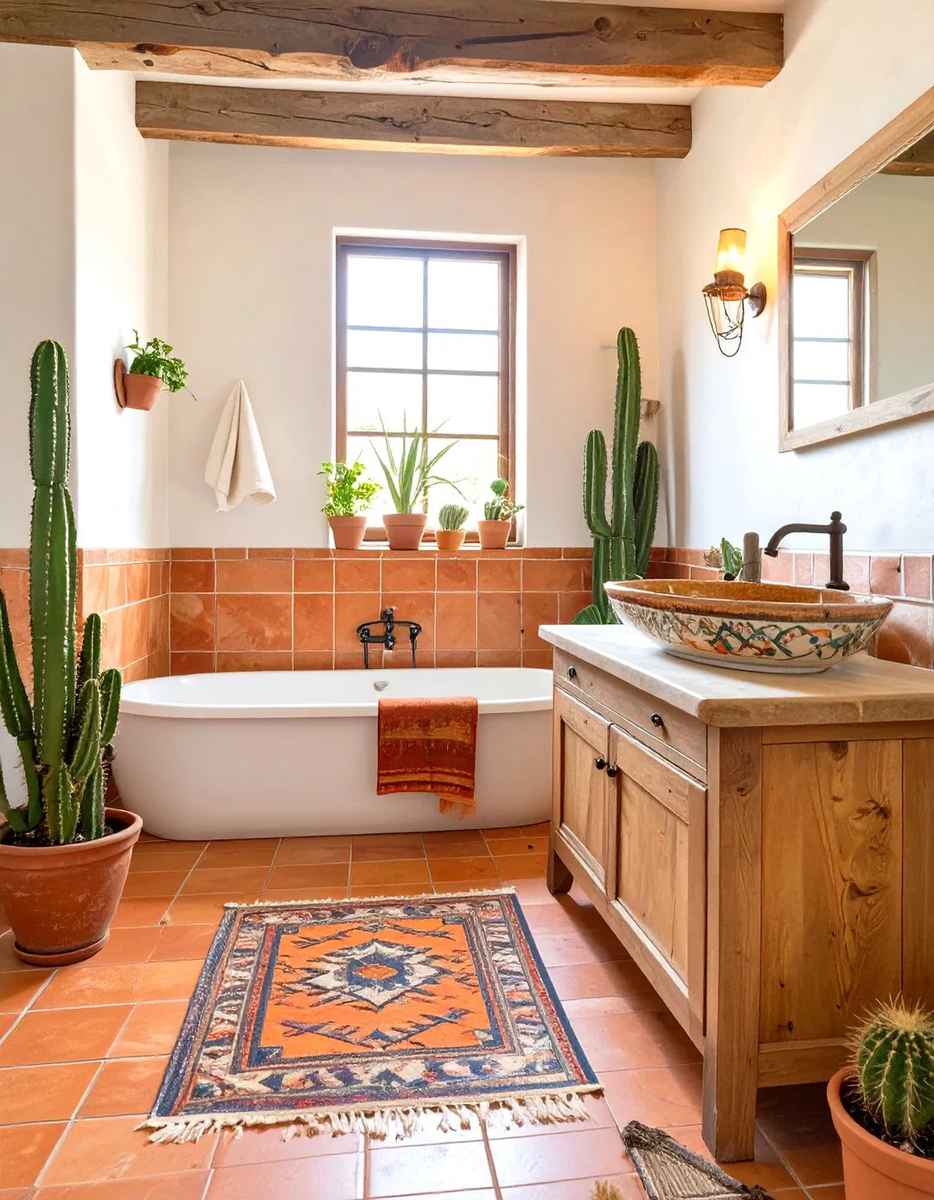 Modern southwestern bathroom with concrete freestanding tub, pale desert oak wood vanity, and brushed nickel hardware.