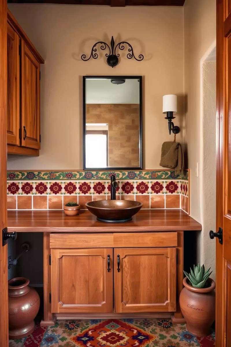 Rustic southwestern bathroom with hand-carved wood vanity, wrought iron mirror, copper tub, and warm glowing lanterns.