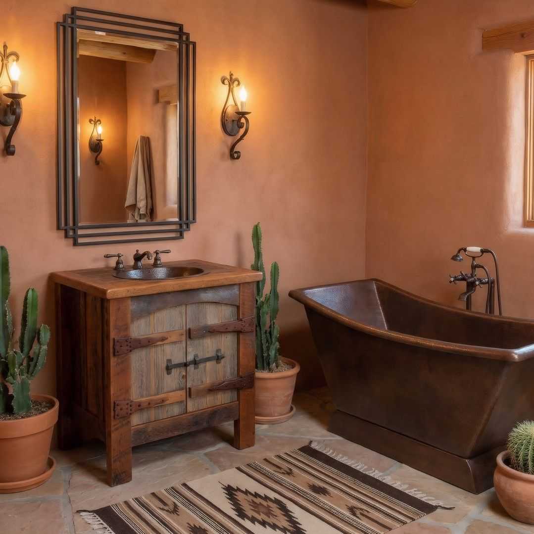 Southwestern hacienda bathroom featuring blue and terracotta encaustic pattern tiles, dark wood vanity, and oil-rubbed bronze.