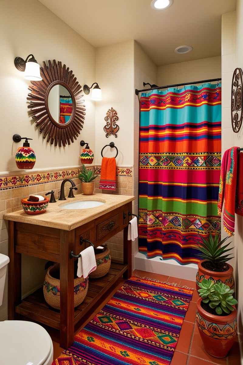 Southwestern bathroom with natural sandstone slab walls, woven kilim runner rug, clay pottery, and warm recessed lighting.