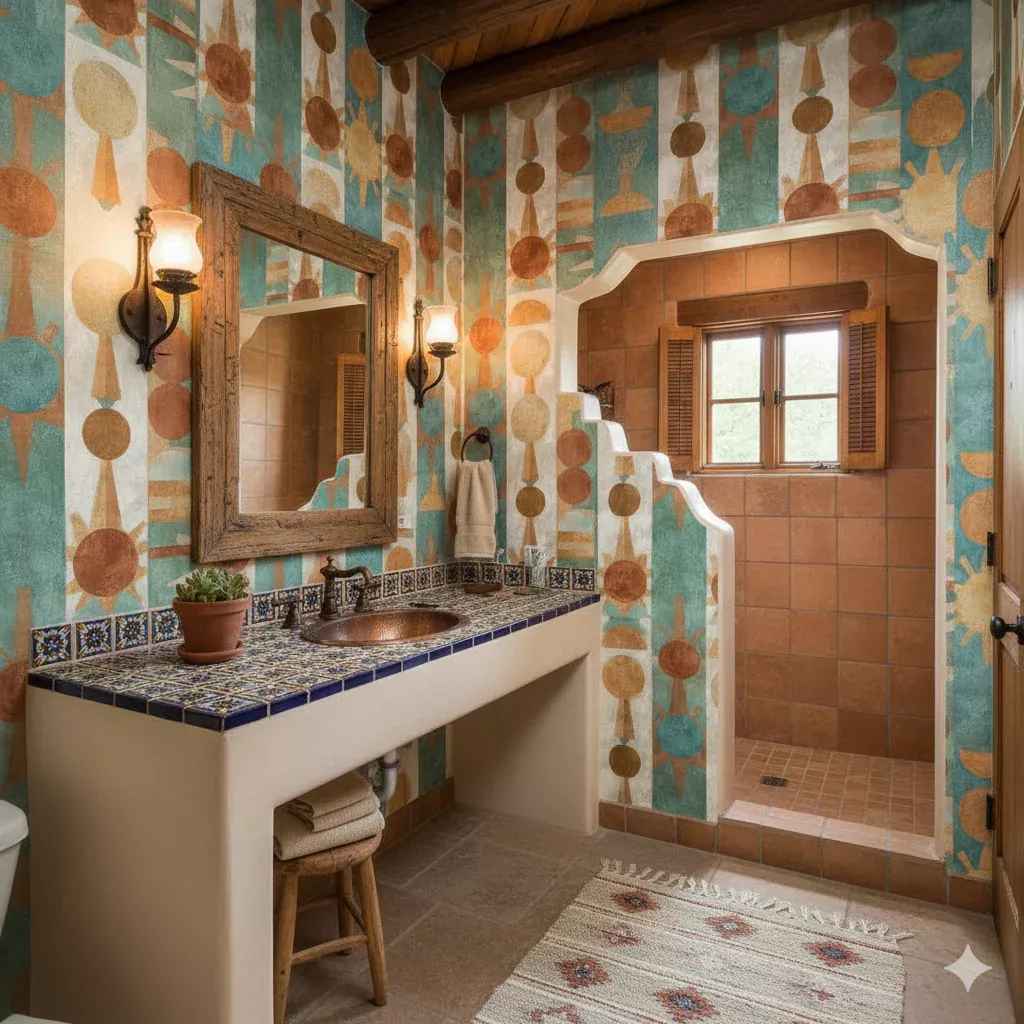 Southwestern bathroom with large ceiling skylight, potted saguaro cactus, zellige tile, and light alder wood vanity.