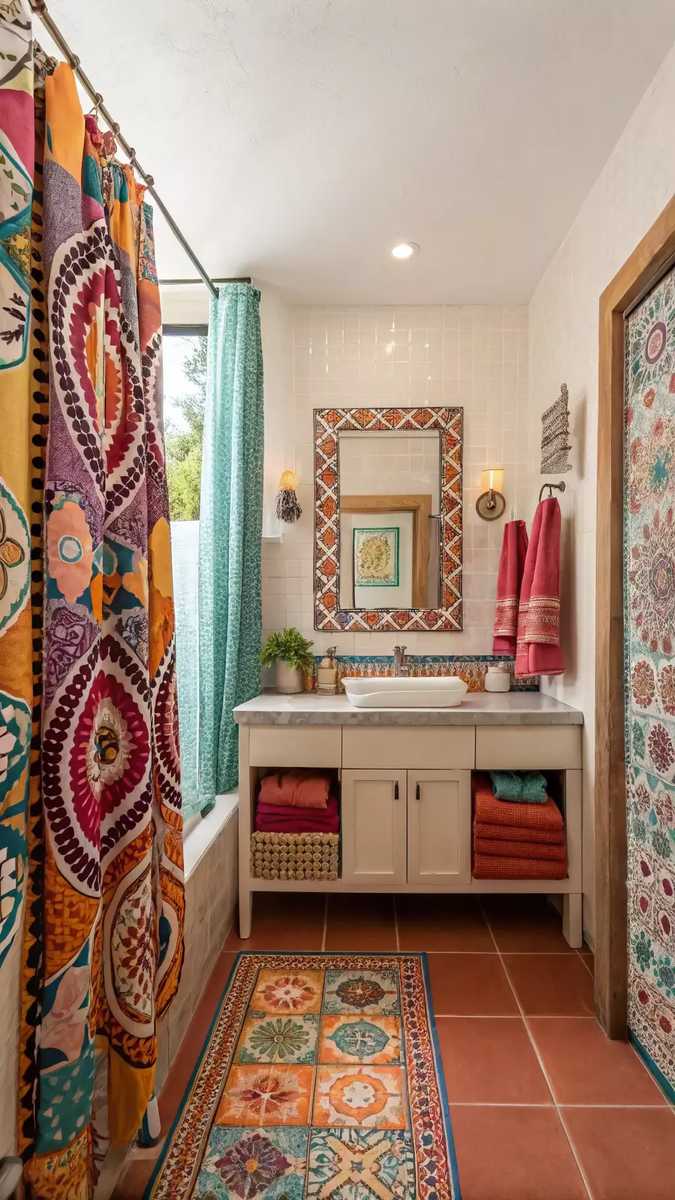 Southwestern bathroom with warm beige limewash walls, arched brass mirror, rustic floating wood shelf, and ceramic lighting.