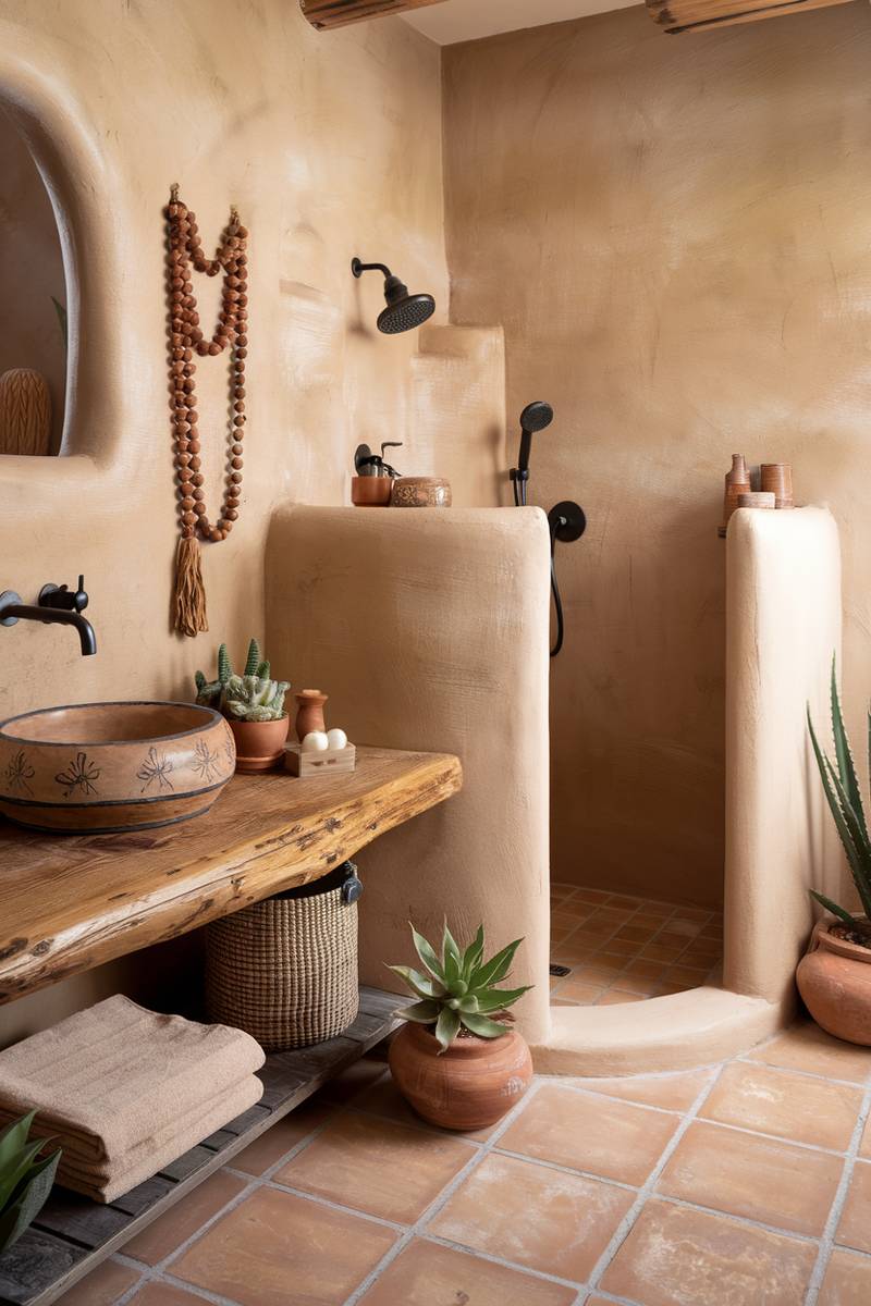 Southwestern monochromatic wet room with clay red micro-cement walls, walk-in shower, unlacquered brass hardware, and stone bench.