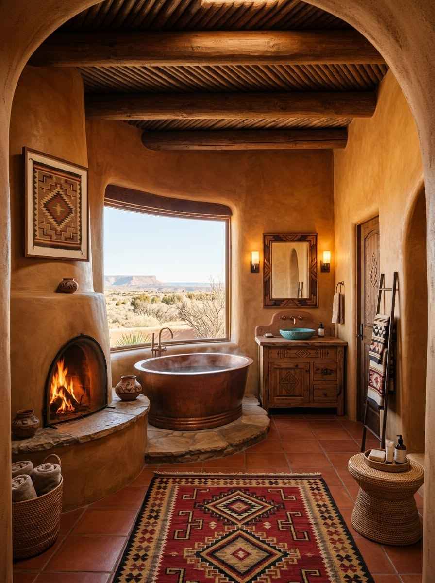 Southwestern style bathroom with terracotta tile floor, carved wooden vanity, matte black fixtures, warm sconce lighting.