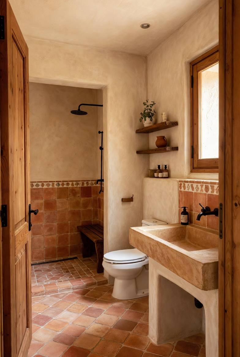 Southwestern bathroom with matte white tub, plaster walls, woven jute rug, warm soft recessed lighting.