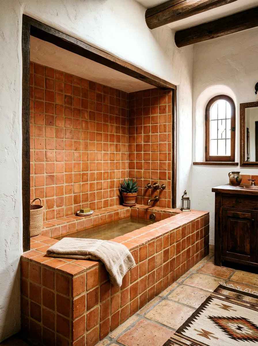 Southwestern bathroom with hammered copper tub, blue Zellige tiles, brushed brass fixtures, warm pendant light.