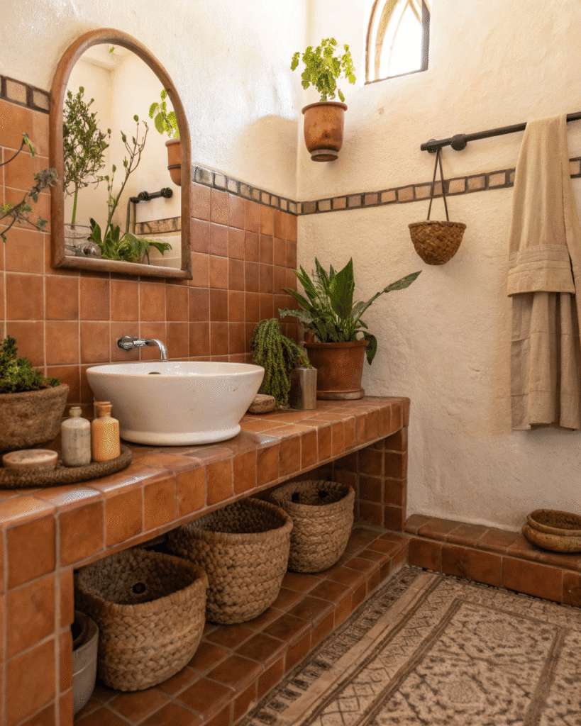 Southwestern bathroom with turquoise geometric tiles, light oak vanity, brass sconces, warm ambient soft lighting.