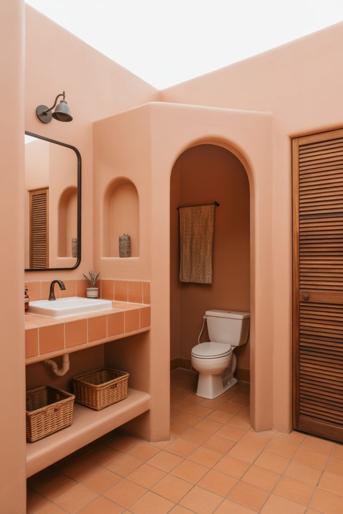 Southwestern bathroom with carved Cantera stone vanity, clay blush walls, bronze sconces, soft ambient light.