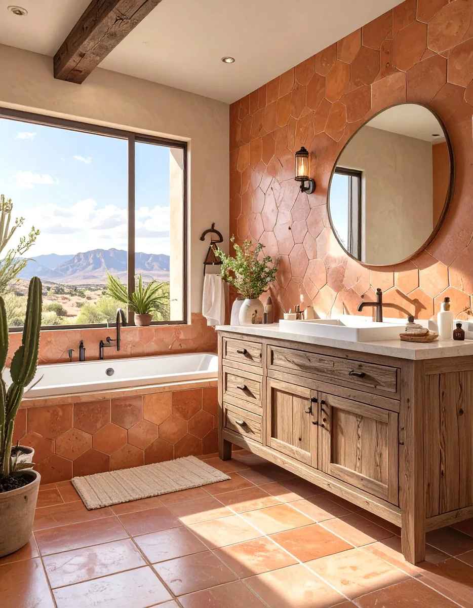 Southwestern bathroom featuring vintage red kilim rug, weathered cedar vanity, black mirrors, warm soft lighting.