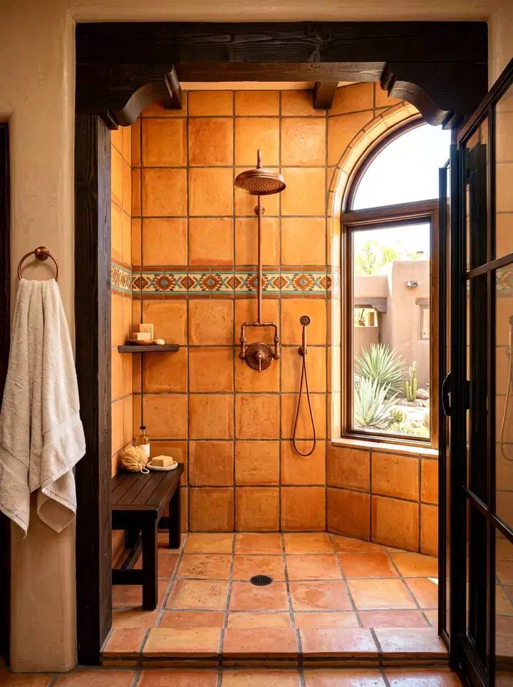 Southwestern wet room bathroom with potted saguaro cacti, dark slate tiles, bright natural overhead light.