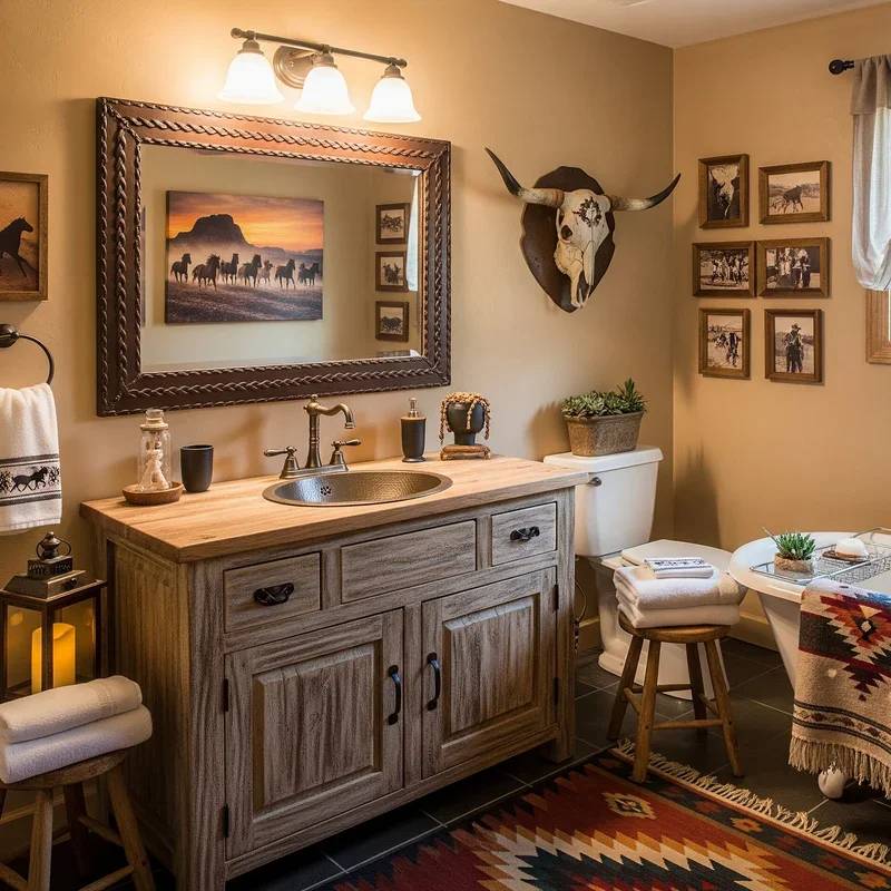 Southwestern bathroom with vintage kilim rug runner, white clawfoot tub, brass floor faucet, warm sconces.