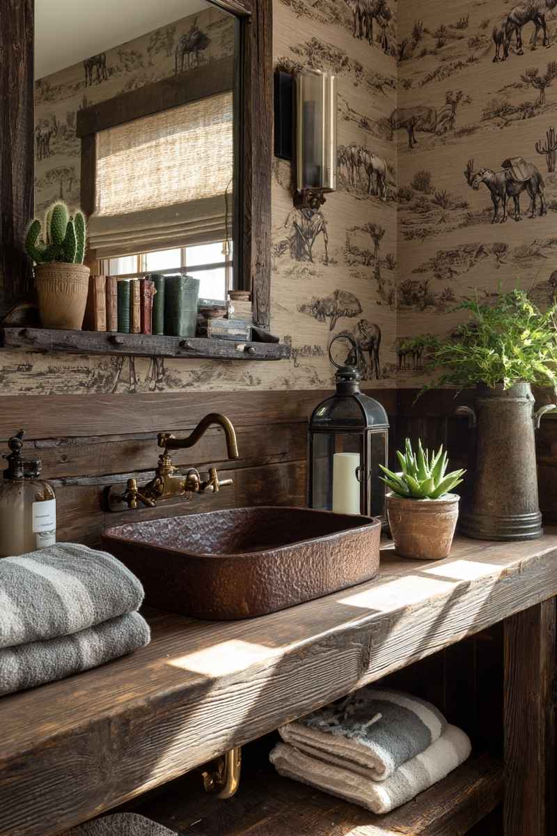 Southwestern style bathroom wet room with skylight, limestone tile walls, wood vanity, brass rainfall shower head.