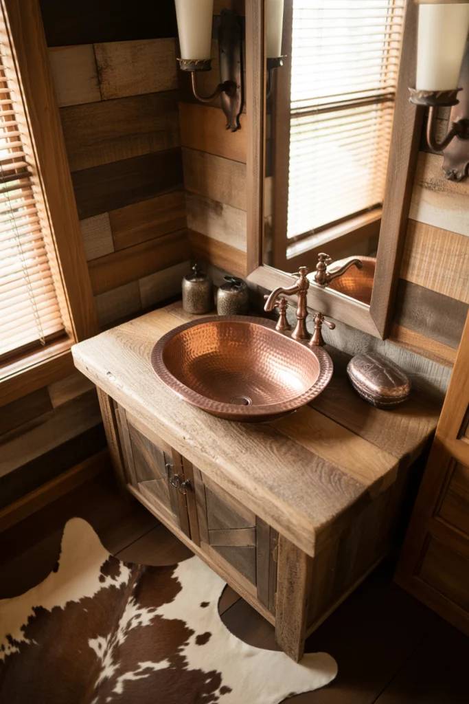 Southwestern bathroom featuring black wrought iron mirror, cognac leather vanity pulls, sand sandstone tile, warm lighting.