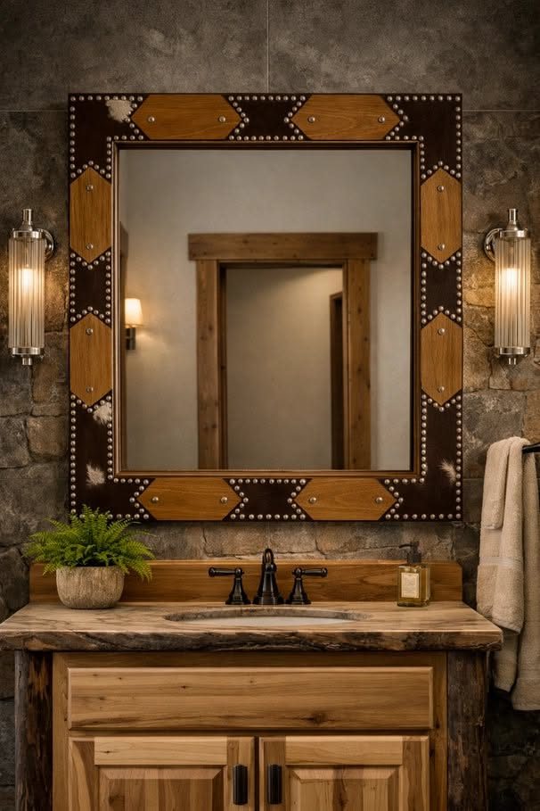 Modern southwestern bathroom featuring smooth adobe plaster walls floating oak vanity and matte black plumbing fixtures