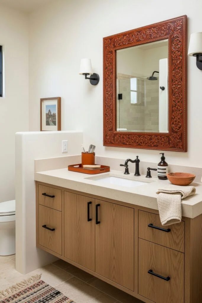 Vibrant southwestern bathroom with cobalt blue Talavera wall tiles reclaimed timber beams and vessel copper sink
