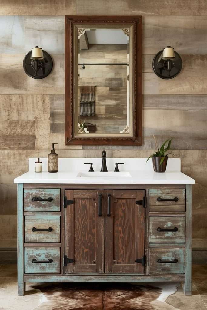 Southwestern bathroom featuring muted sage green walls woven rattan mirrors brass fixtures and potted cacti