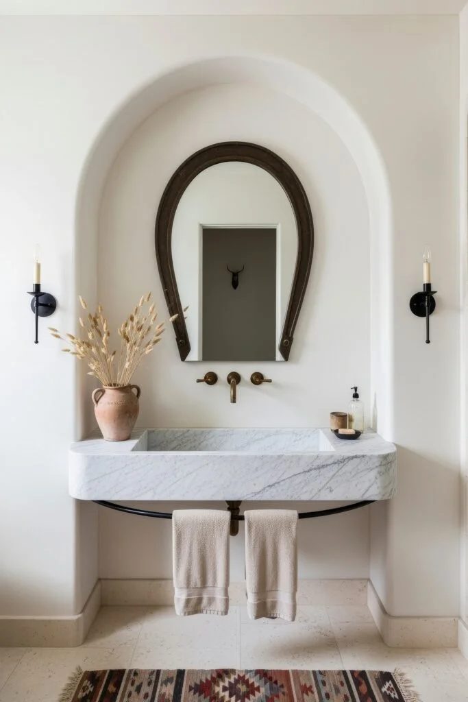 Southwestern style bathroom featuring terracotta zellige shower alcove brushed brass fixtures and carved wood vanity
