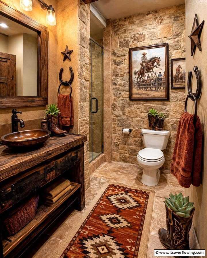Santa Fe style bathroom with corner kiva fireplace plaster walls saltillo tile and wooden tub