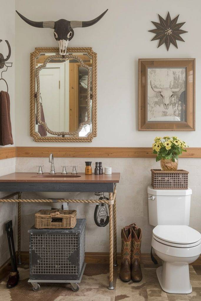 Southwestern bathroom styled with sunset coral walls carved travertine vessel sink and forged iron mirror frame